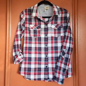 Passport cotton button-up plaid design shirt indie country white red blue size S